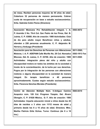 de mesa. Reciben personas mayores de 45 años de edad.
Cobertura 32 personas de manera permanente. Cobran
cuota de recuperación en base a estudio socioeconómico.
Srita. Gabriela Colón Flores (Directora)
Asociación Mexicana Pro Rehabilitación Integral, I. A.
P. Avenida 2 No. 76-A Col. San Pedro de los Pinos, Del. B.
Juárez, C. P. 03800. Año de creación: 1980 Actividades: Club
de día para adulto mayor Benefician niños y adultos,
atienden a 250 personas anualmente. C. P. Alejandro M.
Herrera y Anduaga (Presidente
5563-4672
Asociación para los Derechos de Personas con Alteraciones
Motoras, I. A. P. ADEPAM Calle Murillo No. 28 Col. Nonoalco
Mixcoac, Del. B. Juárez, C. P. 03700. Año de creación: 1989
Actividades: Integración plena del niño y adulto con
discapacidad motora en todos los ámbitos de la sociedad a
través de la concientización, de la lucha por sus derechos.
Pugna por la integración de las personas con alteraciones
motoras o alguna discapacidad en la sociedad de manera
integral. En terapia benefician a 40 personas
aproximadamente. Cuotas según estudio socioeconómico.
Srita. Florencia Sánchez Morales (Presidenta)
5611-5565,
5563-1913 Fax
5611-5565
Centro de Atención Múltiple Núm. 6 Antiguo Camino
Acapulco núm. 128 Col. Progreso Tizapán, Del. Álvaro
Obregón, C. P. 01820 México, D. F. Año de creación: 1995
Actividades: Imparte educación inicial a niños desde los 45
días de nacidos a 3 años con 11/12 meses de edad y
primaria desde los 6 a 15 años de edad. Directora. Mtra.
Martha Patricia Ortiz Ochoa. Turno: Continuo (de 8 a 16
hrs.)
5683-0210
 