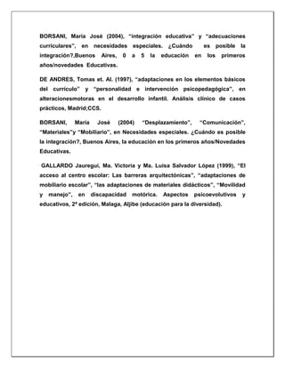 BORSANI, María José (2004), “integración educativa” y “adecuaciones
curriculares”, en necesidades especiales. ¿Cuándo es posible la
integración?,Buenos Aires, 0 a 5 la educación en los primeros
años/novedades Educativas.
DE ANDRES, Tomas et. Al. (1997), “adaptaciones en los elementos básicos
del currículo” y “personalidad e intervención psicopedagógica”, en
alteracionesmotoras en el desarrollo infantil. Análisis clínico de casos
prácticos, Madrid;CCS.
BORSANI, María José (2004) “Desplazamiento”, “Comunicación”,
“Materiales”y “Mobiliario”, en Necesidades especiales. ¿Cuándo es posible
la integración?, Buenos Aires, la educación en los primeros años/Novedades
Educativas.
GALLARDO Jauregui, Ma. Victoria y Ma. Luisa Salvador López (1999), “El
acceso al centro escolar: Las barreras arquitectónicas”, “adaptaciones de
mobiliario escolar”, “las adaptaciones de materiales didácticos”, “Movilidad
y manejo”, en discapacidad motórica. Aspectos psicoevolutivos y
educativos, 2ª edición, Malaga, Aljibe (educación para la diversidad).
 