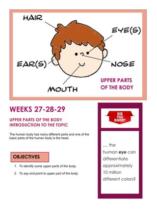 WEEKS 27-28-29
UPPER PARTS OF THE BODY
INTRODUCTION TO THE TOPIC
The human body has many different parts and one of the
basic parts of the human body is the head.
1. To identify some upper parts of the body.
2. To say and point to upper part of the body.
OBJECTIVES
… the
human eye can
differentiate
approximately
10 million
different colors?
UPPER PARTS
OF THE BODY
 