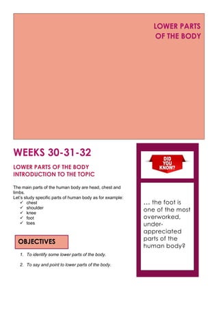 WEEKS 30-31-32
LOWER PARTS OF THE BODY
INTRODUCTION TO THE TOPIC
The main parts of the human body are head, chest and
limbs.
Let’s study specific parts of human body as for example:
 chest
 shoulder
 knee
 foot
 toes
1. To identify some lower parts of the body.
2. To say and point to lower parts of the body.
OBJECTIVES
… the foot is
one of the most
overworked,
under-
appreciated
parts of the
human body?
LOWER PARTS
OF THE BODY
 