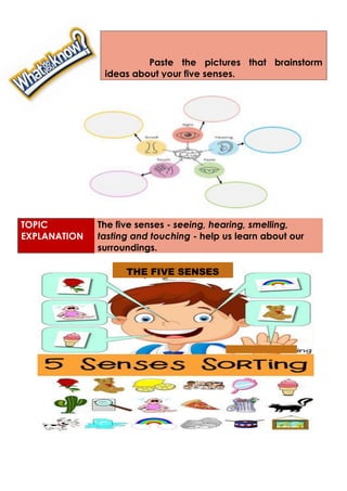 TOPIC
EXPLANATION
The five senses - seeing, hearing, smelling,
tasting and touching - help us learn about our
surroundings.
Paste the pictures that brainstorm
ideas about your five senses.
THE FIVE SENSES
 