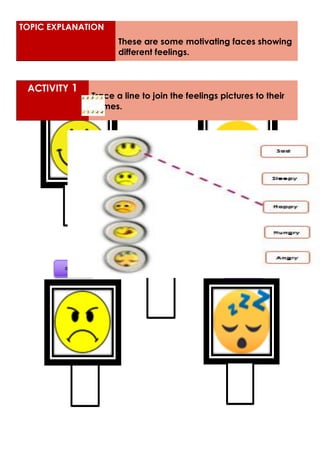 TOPIC EXPLANATION
These are some motivating faces showing
different feelings.
ACTIVITY 1
Trace a line to join the feelings pictures to their
names.
 