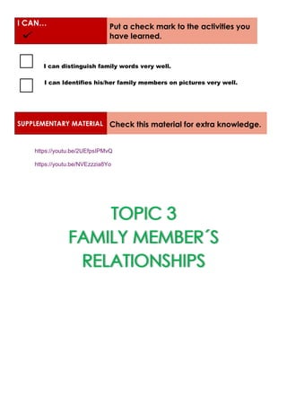I CAN… Put a check mark to the activities you
have learned.
I can distinguish family words very well.
I can Identifies his/her family members on pictures very well.
SUPPLEMENTARY MATERIAL Check this material for extra knowledge.
https://youtu.be/2UEfpsIPMvQ
https://youtu.be/NVEzzzia8Yo
 