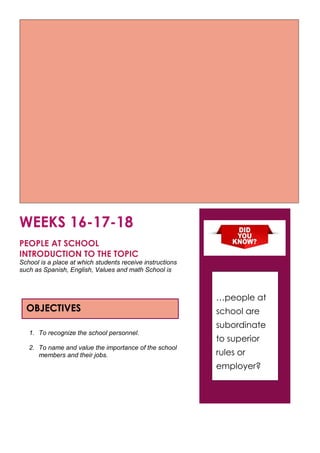 WEEKS 16-17-18
PEOPLE AT SCHOOL
INTRODUCTION TO THE TOPIC
School is a place at which students receive instructions
such as Spanish, English, Values and math School is
1. To recognize the school personnel.
2. To name and value the importance of the school
members and their jobs.
OBJECTIVES
…people at
school are
subordinate
to superior
rules or
employer?
 