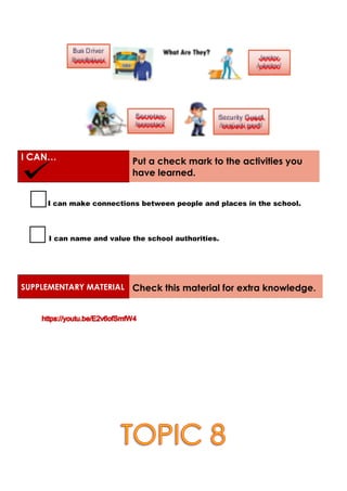 I CAN… Put a check mark to the activities you
have learned.
I can make connections between people and places in the school.
I can name and value the school authorities.
SUPPLEMENTARY MATERIAL Check this material for extra knowledge.
 