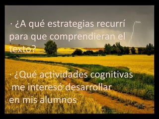 · ¿A qué estrategias recurrí
para que comprendieran el
texto?

· ¿Qué actividades cognitivas
 me interesó desarrollar
en mis alumnos  ?
 