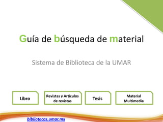 Guía de búsqueda de material

        Sistema de Biblioteca de la UMAR



            Revistas y Artículos            Material
Libro           de revistas
                                   Tesis   Multimedia



   bibliotecas.umar.mx
 