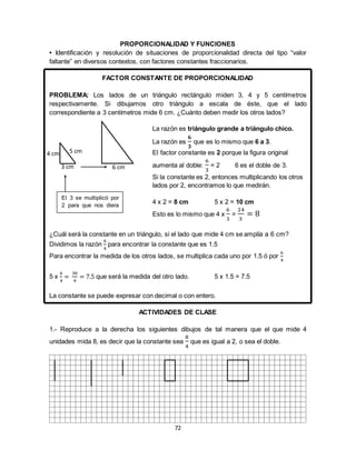 72
PROPORCIONALIDAD Y FUNCIONES
• Identificación y resolución de situaciones de proporcionalidad directa del tipo “valor
faltante” en diversos contextos, con factores constantes fraccionarios.
FACTOR CONSTANTE DE PROPORCIONALIDAD
PROBLEMA: Los lados de un triángulo rectángulo miden 3, 4 y 5 centímetros
respectivamente. Si dibujamos otro triángulo a escala de éste, que el lado
correspondiente a 3 centímetros mide 6 cm. ¿Cuánto deben medir los otros lados?
La razón es triángulo grande a triángulo chico.
La razón es
𝟔
𝟑
que es lo mismo que 6 a 3.
El factor constante es 2 porque la figura original
aumenta al doble:
6
3
= 2 6 es el doble de 3.
Si la constante es 2, entonces multiplicando los otros
lados por 2, encontramos lo que medirán.
4 x 2 = 8 cm 5 x 2 = 10 cm
Esto es lo mismo que 4 x
6
3
=
24
3
= 8
¿Cuál será la constante en un triángulo, si el lado que mide 4 cm se amplía a 6 cm?
Dividimos la razón
6
4
para encontrar la constante que es 1.5
Para encontrar la medida de los otros lados, se multiplica cada uno por 1.5 ó por
6
4
5 x
6
4
=
30
4
= 7.5 que será la medida del otro lado. 5 x 1.5 = 7.5
La constante se puede expresar con decimal o con entero.
ACTIVIDADES DE CLASE
1.- Reproduce a la derecha los siguientes dibujos de tal manera que el que mide 4
unidades mida 8, es decir que la constante sea
8
4
que es igual a 2, o sea el doble.
5 cm4 cm
6 cm3 cm
El 3 se multiplicó por
2 para que nos diera
6
 