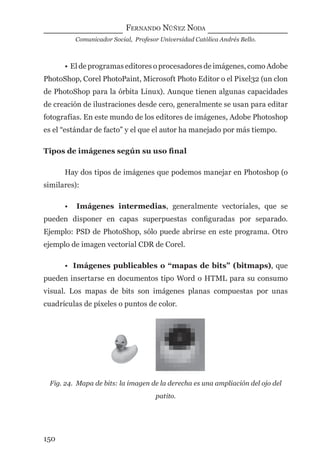 FERNANDO NÚÑEZ NODA
Comunicador Social, Profesor Universidad Católica Andrés Bello.
150
• El de programas editores o procesadores de imágenes, como Adobe
PhotoShop, Corel PhotoPaint, Microsoft Photo Editor o el Pixel32 (un clon
de PhotoShop para la órbita Linux). Aunque tienen algunas capacidades
de creación de ilustraciones desde cero, generalmente se usan para editar
fotografías. En este mundo de los editores de imágenes, Adobe Photoshop
es el “estándar de facto” y el que el autor ha manejado por más tiempo.
Tipos de imágenes según su uso ﬁnal
Hay dos tipos de imágenes que podemos manejar en Photoshop (o
similares):
• Imágenes intermedias, generalmente vectoriales, que se
pueden disponer en capas superpuestas conﬁguradas por separado.
Ejemplo: PSD de PhotoShop, sólo puede abrirse en este programa. Otro
ejemplo de imagen vectorial CDR de Corel.
• Imágenes publicables o “mapas de bits” (bitmaps), que
pueden insertarse en documentos tipo Word o HTML para su consumo
visual. Los mapas de bits son imágenes planas compuestas por unas
cuadrículas de píxeles o puntos de color.
Fig. 24. Mapa de bits: la imagen de la derecha es una ampliación del ojo del
patito.
digital.indd 150 28/11/2005 12:01:29 p.m.
 