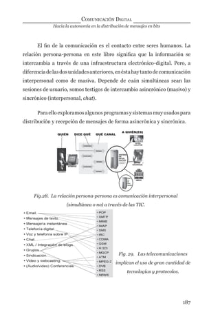 Hacia la autonomía en la distribución de mensajes en bits
COMUNICACIÓN DIGITAL
187
El ﬁn de la comunicación es el contacto entre seres humanos. La
relación persona-persona en este libro signiﬁca que la información se
intercambia a través de una infraestructura electrónico-digital. Pero, a
diferenciadelasdosunidadesanteriores,enéstahaytantodecomunicación
interpersonal como de masiva. Depende de cuán simultáneas sean las
sesiones de usuario, somos testigos de intercambio asincrónico (masivo) y
sincrónico (interpersonal, chat).
Paraelloexploramosalgunosprogramasysistemasmuyusadospara
distribución y recepción de mensajes de forma asincrónica y sincrónica.
Fig.28. La relación persona-persona es comunicación interpersonal
(simultánea o no) a través de las TIC.
Fig. 29. Las telecomunicaciones
implican el uso de gran cantidad de
tecnologías y protocolos.
digital.indd 187 28/11/2005 12:01:35 p.m.
 