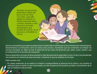 20
Dando continuidad a la jornada nos disponemos a desarrollar lo planificado en las orientaciones metodológicas.
Describiremos a continuación cómo se realiza este proceso, recordando que los contenidos se trabajan de
manera articulada, sin dejar de lado el desarrollo de las cuatro dimensiones (ser, saber, hacer, decidir), que
se evidenciará en el proceso de evaluación.
Para el desarrollo curricular se tiene prevista la visita del personal de seguridad y junto con las y los estudiantes
nos sentamos en semicírculo para escuchar y observar lo que se realizará en la clase.
Cabe recalcar que:
-	 En clases anteriores ya se realizó la invitación correspondiente al personal de la policía y se coordinó la
visita para que la misma no sea improvisada, por ello el personal de la policía ya tienen conocimiento de lo
que se realizá en esta jornada:
También es importante
desarrollar hábitos de
lectura en las niñas
y los niños, para ello
debemos destinar un
tiempo para leer libros,
cuentos, historias y otros
durante la jornada
pedagógica que
puede ser al inicio, en el
proceso o al finalizar la
misma.
 