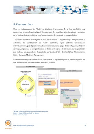  
Guía de desarrollos preclínicos 10
B. FASE PRECLÍNICA 
Una vez seleccionados los “leads”  se diseñará el programa de la fase preclínica para
caracterizar principalmente el perfil de seguridad del candidato a fin de reducir y anticipar
en lo posible el riesgo existente para humanos antes de comenzar el ensayo clínico.
Tal y como se indica en la figura el paso de la fase de “Drug Discovery” a la preclínica lo
determina la identificación de “leads” definidos, según criterios seleccionados
individualmente, por el promotor del desarrollo (empresa, grupo de investigación, etc.). Sin
embargo, el paso de la fase preclínica a la clínica está sujeto a la obtención de la aprobación
por parte de las Autoridades Regulatorias pertinentes (FDA - Food and Drug Administration,
EMA - European Medicines Agency, etc.).
Para enmarcar mejor el desarrollo de fármacos en la siguiente figura se pueden apreciar los
tres pasos básicos: descubrimiento, preclínica y clínica
*ADME: Absorción, Distribución, Metabolismo y Excreción
Figura 4. Etapas del desarrollo de un fármaco
Fuente: elaboración propia 
 