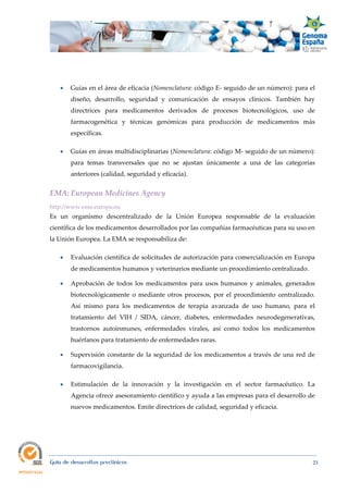 
Guía de desarrollos preclínicos 23
 Guías en el área de eficacia (Nomenclatura: código E- seguido de un número): para el
diseño, desarrollo, seguridad y comunicación de ensayos clínicos. También hay
directrices para medicamentos derivados de procesos biotecnológicos, uso de
farmacogenética y técnicas genómicas para producción de medicamentos más
específicas.
 Guías en áreas multidisciplinarias (Nomenclatura: código M- seguido de un número):
para temas transversales que no se ajustan únicamente a una de las categorías
anteriores (calidad, seguridad y eficacia).
EMA: European Medicines Agency 
http://www.ema.europa.eu
Es un organismo descentralizado de la Unión Europea responsable de la evaluación
científica de los medicamentos desarrollados por las compañías farmacéuticas para su uso en
la Unión Europea. La EMA se responsabiliza de:
 Evaluación científica de solicitudes de autorización para comercialización en Europa
de medicamentos humanos y veterinarios mediante un procedimiento centralizado.
 Aprobación de todos los medicamentos para usos humanos y animales, generados
biotecnológicamente o mediante otros procesos, por el procedimiento centralizado.
Así mismo para los medicamentos de terapia avanzada de uso humano, para el
tratamiento del VIH / SIDA, cáncer, diabetes, enfermedades neurodegenerativas,
trastornos autoinmunes, enfermedades virales, así como todos los medicamentos
huérfanos para tratamiento de enfermedades raras.
 Supervisión constante de la seguridad de los medicamentos a través de una red de
farmacovigilancia.
 Estimulación de la innovación y la investigación en el sector farmacéutico. La
Agencia ofrece asesoramiento científico y ayuda a las empresas para el desarrollo de
nuevos medicamentos. Emite directrices de calidad, seguridad y eficacia.
 