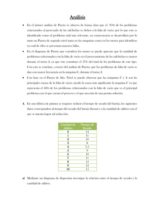 Análisis
   En el primer análisis de Pareto se observa de forma clara que el 85% de los problemas
    relacionados al procesado de las salchichas se deben a la falta de vacío, por lo que este es
    identificado como el problema vital más relevante, en consecuencia se desarrollará por lo
    tanto un Pareto de segundo nivel tanto en las máquinas como en los turnos para identificar
    en cuál de ellos se presentan mayores fallas.
   En el diagrama de Pareto que considera los turnos se puede apreciar que la cantidad de
    problemas relacionados con la falta de vacío en el procesamiento de las salchichas es mayor
    durante el turno 2, ya que éste constituye el 57% del total de los problemas de este tipo.
    Con esto se concluye, a través del análisis de Pareto, que los problemas de falta de vacío se
    dan con mayor frecuencia en la máquina C, durante el turno 2.
   Con base en el Pareto de 2do. Nivel se puede observar que las máquinas C y A son las
    principales causas de la falta de vacío; siendo la causa más significante la maquina C ya que
    representa el 46% de los problemas relacionados con la falta de vacío que es el principal
    problema con el que cuenta el proceso y el que necesita de una pronta solución.


4. En una fábrica de pintura se requiere reducir el tiempo de secado del barniz, los siguientes
    datos corresponden al tiempo del secado del barniz (horas) y a la cantidad de aditivo con el
    que se intenta lograr tal reducción.


                                 Cantidad de        Tiempo de
                                   Aditivo           Secado
                                      0                14
                                      1                11
                                      2                10
                                      3                 8
                                      4                7.5
                                      5                 9
                                      6                10
                                      7                11
                                      8                13
                                      9                12
                                     10                15

a) Mediante un diagrama de dispersión investigue la relación entre el tiempo de secado y la
    cantidad de aditivo.
 