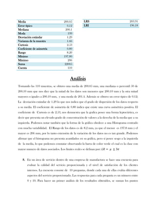 Media                                200.05           LRS                                   203.91
Error típico                           0.12           LRI                                   196.18
Mediana                               200.1
Moda                                   199
Desviación estándar                    1.29
Varianza de la muestra                 1.66
Curtosis                               2.53
Coeficiente de asimetría               0.80
Rango                                  8.20
Mínimo                               197.80
Máximo                                 206
Suma                                 22005
Cuenta                                 110


                                           Análisis
Tomando las 110 muestras, se obtuvo una media de 200.05 mm, una mediana o percentil 50 de
200.10 mm que nos dice que la mitad de los datos son menores que 200.10 mm y la otra mitad
mayores o iguales a 200.10 mm, y una moda de 201.4. Además se obtuvo un error típico de 0.12;
La desviación estándar de 1.29 lo que nos indica que el grado de dispersión de los datos respecto
a su media. El coeficiente de asimetría de 0.80 indica que existe una curva asimétrica positiva. El
coeficiente de Curtosis es de 2.53, nos demuestra que la grafica posee una forma leptocúrtica, es
decir que presenta un elevado grado de concentración de valores a la derecha de la media que a su
izquierda. Podemos notar también que la forma de la gráfica obedece a una Histograma centrado
con mucha variabilidad. El Rango de los datos es de 8.2 mm, ya que el menor es 197.8 mm y el
mayor es 206 mm, por lo tanto extensión de la variación de los datos no es tan grande. Podemos
afirmar que el histograma no presenta acantilados en su gráfica, pero si posee sesgo a la izquierda
de la media, lo que podemos constatar observando la barra de color verde el cual es la clase con
mayor numero de datos asociados. Los límites reales se definan por:


   8. En un área de servicio dentro de una empresa de manufactura se hace una encuesta para
       evaluar la calidad del servicio proporcionada y el nivel de satisfacción de los clientes
       internos. La encuesta consiste de 10 preguntas, donde cada una de ellas evalúa diferentes
       aspectos del servicio proporcionado. Las respuestas para cada pregunta es un número entre
       0 y 10. Para hacer un primer análisis de los resultados obtenidos, se suman los puntos
 