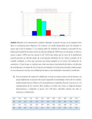 Análisis: Basados en la información y gráficos obtenidos se puede ver que en la máquina 2 los
datos se encuentran poco dispersos con respecto a la media (dispersión), pero sin embargo es
mayor que el de la máquina 1 y la empresa debe de reducirla. La mediana o percentil 50 nos
indica que la mitad de los datos tienen un valor por debajo de 199.8 mm, y la otra parte, su valor es
mayor o igual a 199.8 mm. La curtosis es de 5.52 lo que indica que la curva de la distribución
normal presenta un elevado grado de concentración alrededor de los valores centrales de la
variable estudiada, es decir que presenta una forma alargada en el centro. El coeficiente de
asimetría es >0 por lo que se concluye que existe una mayor concentración de valores a la derecha
de la media que a su izquierda. Con respecto a la máquina 1, la 2 presenta un mejor estado porque
en esta claramente solo hay una realidad por lo tanto es más fácil poder controlarlo y erradicarlo.


   2. Con el propósito de mejorar la calidad que se tenía en cuanto al grosor de las láminas, un
         grupo implementa un proyecto de mejora siguiendo la metodología. Varios de los cambios
         implementados fueron relativos a los procedimientos empleados durante el proceso ya y la
         estandarización de los mismos. Para verificar si el plan tuvo éxito, se eligieron láminas
         aleatoriamente y midiendo su grosor. Los 120 datos obtenidos durante tres días se
         muestran a continuación.


   4.8      4.3     4.8    5.1      4.9    4.6     4.9      4.6     5.0     4.9     4.8     4.5
   4.7      5.7     4.5    5.3      4.4    5.1     4.6      4.9     4.2     4.6     5.3     5.2
   4.7      4.1     5.1    5.0      5.0    4.9     4.6      4.9     5.2     4.8     4.7     5.1
   4.9      4.8     4.7    5.1      5.1    5.3     5.1      5.0     5.3     5.0     5.1     5.2
 