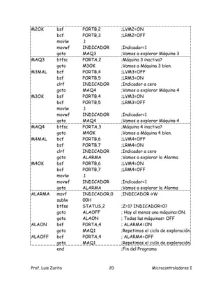 M2OK          bsf     PORTB,2       ;LVM2=ON
              bcf     PORTB,3       ;LRM2=OFF
              movlw   .1
              movwf   INDICADOR     ;Indicador=1
              goto    MAQ3          ;Vamos a explorar Máquina 3
MAQ3          btfsc   PORTA,2       ;Máquina 3 inactiva?
              goto    M3OK          ;Vamos a Máquina 3 bien.
M3MAL         bcf     PORTB,4       ;LVM3=OFF
              bsf     PORTB,5       ;LRM3=ON
              clrf    INDICADOR     ;Indicador a cero
              goto    MAQ4          ;Vamos a explorar Máquina 4
M3OK          bsf     PORTB,4       ;LVM3=ON
              bcf     PORTB,5       ;LRM3=OFF
              movlw   .1
              movwf   INDICADOR     ;Indicador=1
              goto    MAQ4          ;Vamos a explorar Máquina 4
MAQ4          btfsc   PORTA,3       ;Máquina 4 inactiva?
              goto    M4OK          ;Vamos a Máquina 4 bien.
M4MAL         bcf     PORTB,6       ;LVM4=OFF
              bsf     PORTB,7       ;LRM4=ON
              clrf    INDICADOR     ;Indicador a cero
              goto    ALARMA        ;Vamos a explorar la Alarma
M4OK          bsf     PORTB,6       ;LVM4=ON
              bcf     PORTB,7       ;LRM4=OFF
              movlw   .1
              movwf   INDICADOR     ;Indicador=1
              goto    ALARMA        ;Vamos a explorar la Alarma
ALARMA        movf    INDICADOR,0   ;INDICADOR→W
              sublw   00H
              btfss   STATUS,2      ;Z=1? INDICADOR=0?
              goto    ALAOFF        ; Hay al menos una máquina=ON.
              goto    ALAON         ; Todas las máquinas= OFF
ALAON         bsf     PORTA,4       ; ALARMA=ON
              goto    MAQ1          ;Repetimos el ciclo de exploración.
ALAOFF        bcf     PORTA,4       ; ALARMA=OFF
              goto    MAQ1          ;Repetimos el ciclo de exploración.
              end                   ;Fin del Programa



Prof. Luis Zurita              20                  Microcontroladores I
 