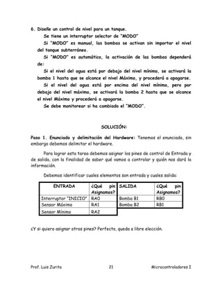6. Diseñe un control de nivel para un tanque.
       Se tiene un interruptor selector de “MODO”
       Si “MODO” es manual, las bombas se activan sin importar el nivel
   del tanque subterráneo.
       Si “MODO” es automático, la activación de las bombas dependerá
   de:
       Si el nivel del agua está por debajo del nivel mínimo, se activará la
   bomba 1 hasta que se alcance el nivel Máximo, y procederá a apagarse.
       Si el nivel del agua está por encima del nivel mínimo, pero por
   debajo del nivel máximo, se activará la bomba 2 hasta que se alcance
   el nivel Máximo y procederá a apagarse.
       Se debe monitorear si ha cambiado el “MODO”.



                                    SOLUCIÓN:

Paso 1. Enunciado y delimitación del Hardware: Tenemos el enunciado, sin
embargo debemos delimitar el hardware.

       Para lograr esta tarea debemos asignar los pines de control de Entrada y
de salida, con la finalidad de saber qué vamos a controlar y quién nos dará la
información.

       Debemos identificar cuales elementos son entrada y cuales salida:

            ENTRADA       ¿Qué    pin SALIDA                   ¿Qué    pin
                          Asignamos?                           Asignamos?
     Interruptor “INICIO” RA0         Bomba B1                 RB0
     Sensor Máximo        RA1         Bomba B2                 RB1
     Sensor Mínimo            RA2


¿Y si quiero asignar otros pines? Perfecto, queda a libre elección.




Prof. Luis Zurita                      21                    Microcontroladores I
 