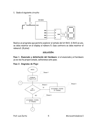 1. Dado el siguiente circuito:




Realice un programa que permita explorar el estado del bit RA3. Si RA3 es uno,
se debe mostrar en el display el número 5. Caso contrario se debe mostrar el
número3. (8 ptos)

                                 SOLUCIÓN:

Paso 1. Enunciado y delimitación del Hardware: si el enunciado y el hardware
ya se nos ha proporcionado, saltaremos este paso.

Paso 2. Diagrama de Flujo:




Prof. Luis Zurita                     5                   Microcontroladores I
 