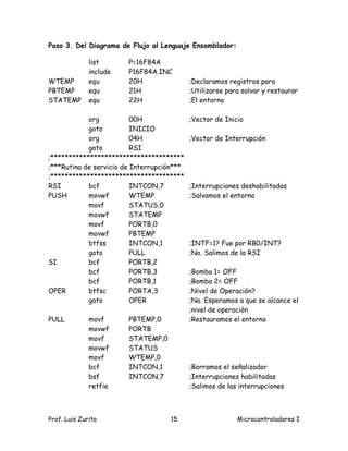 Paso 3. Del Diagrama de Flujo al Lenguaje Ensamblador:

              list      P=16F84A
              include   P16F84A.INC
WTEMP         equ       20H                 ;Declaramos registros para
PBTEMP        equ       21H                 ;Utilizarse para salvar y restaurar
STATEMP       equ       22H                 ;El entorno

            org           00H               ;Vector de Inicio
            goto          INICIO
            org           04H               ;Vector de Interrupción
            goto          RSI
;*************************************
;***Rutina de servicio de Interrupción***
;*************************************
RSI         bcf           INTCON,7          ;Interrupciones deshabilitadas
PUSH        movwf         WTEMP             ;Salvamos el entorno
            movf          STATUS,0
            movwf         STATEMP
            movf          PORTB,0
            movwf         PBTEMP
            btfss         INTCON,1          ;INTF=1? Fue por RB0/INT?
            goto          PULL              ;No. Salimos de la RSI
SI          bcf           PORTB,2
            bcf           PORTB,3           ;Bomba 1= OFF
            bcf           PORTB,1           ;Bomba 2= OFF
OPER        btfsc         PORTA,3           ;Nivel de Operación?
            goto          OPER              ;No. Esperamos a que se alcance el
                                            ;nivel de operación
PULL          movf      PBTEMP,0            ;Restauramos el entorno
              movwf     PORTB
              movf      STATEMP,0
              movwf     STATUS
              movf      WTEMP,0
              bcf       INTCON,1            ;Borramos el señalizador
              bsf       INTCON,7            ;Interrupciones habilitadas
              retfie                        ;Salimos de las interrupciones



Prof. Luis Zurita                   15                     Microcontroladores I
 