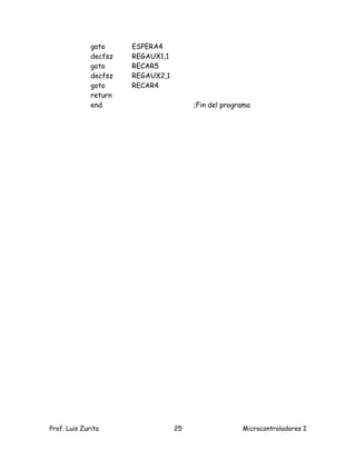 goto     ESPERA4
              decfsz   REGAUX1,1
              goto     RECAR5
              decfsz   REGAUX2,1
              goto     RECAR4
              return
              end                       ;Fin del programa




Prof. Luis Zurita                  25                 Microcontroladores I
 