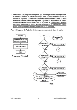1. Realicemos un programa completo que contenga varias interrupciones.
   Si la causa ha sido la activación del pin RB0, se debe mostrar un dos en
   binario en el puerto A, si ha sido un cambio de nivel en RB4:RB7, se debe
   mostrar el uno en binario en el puerto A y si se ha desbordado el TMR0,
   se debe mostrar el cuatro en binario en el puerto A. Este ejercicio permite
   analizar y determinar la causa de una interrupción, y ejecutar las tareas
     alizar
   que le correspondan a la interrupción que se ha activado.

Paso 1. Diagrama de Flujo. Es el mismo que se mostró en la clase de teoría:




Prof. Luis Zurita                      2                     Microcontroladores I
 