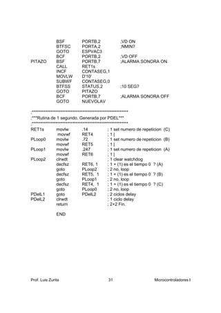 BSF          PORTB,2               ;VD ON
               BTFSC        PORTA,2               ;NMIN?
               GOTO         ESPVAC3
               BCF          PORTB,2               ;VD OFF
PITAZO         BSF          PORTB,7               ;ALARMA SONORA ON
               CALL         RET1s
               INCF         CONTASEG,1
               MOVLW        D'10'
               SUBWF        CONTASEG,0
               BTFSS        STATUS,2              ;10 SEG?
               GOTO         PITAZO
               BCF          PORTB,7               ;ALARMA SONORA OFF
               GOTO         NUEVOLAV

;*********************************************************
;***Rutina de 1 segundo. Generada por PDEL***
;*********************************************************
RET1s          movlw           .14            ; 1 set numero de repeticion (C)
                movwf          RET4           ;1|
PLoop0         movlw           .72            ; 1 set numero de repeticion (B)
               movwf           RET5           ;1|
PLoop1         movlw           .247           ; 1 set numero de repeticion (A)
               movwf           RET6           ;1|
PLoop2         clrwdt                         ; 1 clear watchdog
               decfsz          RET6, 1        ; 1 + (1) es el tiempo 0 ? (A)
               goto            PLoop2         ; 2 no, loop
               decfsz          RET5, 1        ; 1 + (1) es el tiempo 0 ? (B)
               goto            PLoop1         ; 2 no, loop
               decfsz          RET4, 1        ; 1 + (1) es el tiempo 0 ? (C)
               goto            PLoop0         ; 2 no, loop
PDelL1         goto            PDelL2         ; 2 ciclos delay
PDelL2         clrwdt                         ; 1 ciclo delay
               return                         ; 2+2 Fin.

               END




Prof. Luis Zurita                          31                        Microcontroladores I
 