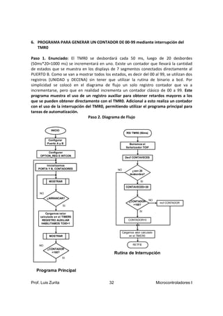 6. PROGRAMA PARA GENERAR UN CONTADOR DE 00-99 mediante interrupción del
   TMR0

Paso 1. Enunciado: El TMR0 se desbordará cada 50 ms, luego de 20 desbordes
(50ms*20=1000 ms) se incrementará en uno. Existe un contador que llevará la cantidad
de estados que se muestra en los displays de 7 segmentos conectados directamente al
PUERTO B. Como se van a mostrar todos los estados, es decir del 00 al 99, se utilizan dos
registros (UNIDAD y DECENA) sin tener que utilizar la rutina de binario a bcd. Por
simplicidad se colocó en el diagrama de flujo un solo registro contador que va a
incrementarse, pero que en realidad incrementa un contador clásico de 00 a 99. Este
programa muestra el uso de un registro auxiliar para obtener retardos mayores a los
que se pueden obtener directamente con el TMR0. Adicional a esto realiza un contador
con el uso de la interrupción del TMR0, permitiendo utilizar el programa principal para
tareas de automatización.
                               Paso 2. Diagrama de Flujo

            INICIO
                                                      RSI TMR0 (50ms)

           Configurar
          Puerto A y B                                  Borramos el
                                                      Señalizador TOIF
          Configurar
     OPTION_REG E INTCON
                                                      Decf CONTAVECES

         Inicializamos
    PORTA Y B, CONTADORES                        NO        ¿van 20
                                                         desbordes?

           MOSTRAR                                               SI

                                                      CONTAVECES=20

     NO
          ¿ARRANCAR?
                                                        ¿CONTADOR       NO
                                                                                incf CONTADOR
                     SI                                    =100?

                                                                SI
         Cargamos valor
     calculado en el TIMER0
      REGISTRO AUXILIAR                                 CONTADOR=0
      HABILITAMOS TOIE=1


                                                   Cargamos valor calculado
           MOSTRAR                                      en el TIMER0


    NO                                                     RETFIE
          ¿CONTADOR
            =100?                               Rutina de Interrupción
                     SI



   Programa Principal

Prof. Luis Zurita                          32                                 Microcontroladores I
 