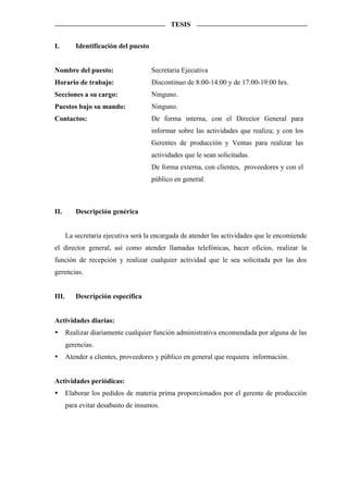 TESIS


I.        Identificación del puesto


Nombre del puesto:                    Secretaria Ejecutiva
Horario de trabajo:                   Discontinuo de 8:00-14:00 y de 17:00-19:00 hrs.
Secciones a su cargo:                 Ninguno.
Puestos bajo su mando:                Ninguno.
Contactos:                            De forma interna, con el Director General para
                                      informar sobre las actividades que realiza; y con los
                                      Gerentes de producción y Ventas para realizar las
                                      actividades que le sean solicitadas.
                                      De forma externa, con clientes, proveedores y con el
                                      público en general.



II.       Descripción genérica


       La secretaria ejecutiva será la encargada de atender las actividades que le encomiende
el director general, así como atender llamadas telefónicas, hacer oficios, realizar la
función de recepción y realizar cualquier actividad que le sea solicitada por las dos
gerencias.


III.      Descripción específica


Actividades diarias:
       Realizar diariamente cualquier función administrativa encomendada por alguna de las
       gerencias.
       Atender a clientes, proveedores y público en general que requiera información.


Actividades periódicas:
       Elaborar los pedidos de materia prima proporcionados por el gerente de producción
       para evitar desabasto de insumos.
 