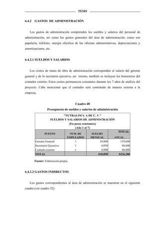 TESIS


6.4.2   GASTOS DE ADMINISTRACIÓN


   Los gastos de administración comprenden los sueldos y salarios del personal de
administración, así como los gastos generales del área de administración, como son
papelería, teléfono, energía eléctrica de las oficinas administrativas, depreciaciones y
amortizaciones, etc.


6.4.2.1 SUELDOS Y SALARIOS


   Los costos de mano de obra de administración corresponden al salario del gerente
general y de la secretaria ejecutiva, así mismo, también se incluyen los honorarios del
contador externo. Estos costos permanecen constantes durante los 7 años de análisis del
proyecto. Cabe mencionar que el contador será contratado de manera externa a la
empresa.


                                      Cuadro 48
                  Presupuesto de sueldos y salarios de administración
                           "NUTRALIM S. A DE C. V."
                    SUELDOS Y SALARIOS DE ADMINISTRACIÓN
                               (En pesos constantes)
                                   (Año 1 al 7)
                                                                        TOTAL
                PUESTO             NUM. DE        SUELDO
                                  EMPLEADOS       MENSUAL           ANUAL
        Gerente General               1                  10,800          129,600
        Secretaria Ejecutiva          1                   4,050           48,600
        Contado externo               1                   4,000           48,000
        TOTAL                                           $18,850         $226,200

        Fuente: Elaboración propia.


6.4.2.2 GASTOS INDIRECTOS


   Los gastos correspondientes al área de administración se muestran en el siguiente
cuadro (ver cuadro 52).
 