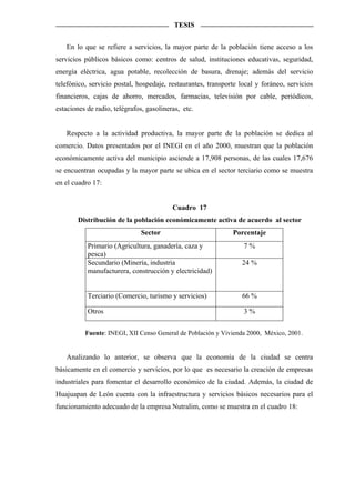 TESIS


   En lo que se refiere a servicios, la mayor parte de la población tiene acceso a los
servicios públicos básicos como: centros de salud, instituciones educativas, seguridad,
energía eléctrica, agua potable, recolección de basura, drenaje; además del servicio
telefónico, servicio postal, hospedaje, restaurantes, transporte local y foráneo, servicios
financieros, cajas de ahorro, mercados, farmacias, televisión por cable, periódicos,
estaciones de radio, telégrafos, gasolineras, etc.


   Respecto a la actividad productiva, la mayor parte de la población se dedica al
comercio. Datos presentados por el INEGI en el año 2000, muestran que la población
económicamente activa del municipio asciende a 17,908 personas, de las cuales 17,676
se encuentran ocupadas y la mayor parte se ubica en el sector terciario como se muestra
en el cuadro 17:


                                          Cuadro 17
        Distribución de la población económicamente activa de acuerdo al sector
                              Sector                          Porcentaje
           Primario (Agricultura, ganadería, caza y               7%
           pesca)
           Secundario (Minería, industria                        24 %
           manufacturera, construcción y electricidad)


           Terciario (Comercio, turismo y servicios)             66 %

           Otros                                                  3%


          Fuente: INEGI, XII Censo General de Población y Vivienda 2000, México, 2001.


   Analizando lo anterior, se observa que la economía de la ciudad se centra
básicamente en el comercio y servicios, por lo que es necesario la creación de empresas
industriales para fomentar el desarrollo económico de la ciudad. Además, la ciudad de
Huajuapan de León cuenta con la infraestructura y servicios básicos necesarios para el
funcionamiento adecuado de la empresa Nutralim, como se muestra en el cuadro 18:
 