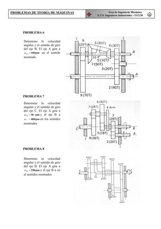 ÈÈUUHHDD GGHH ,,QQJJHHQQLLHHUUttDD 00HHFFiiQQLLFFDD
((7766 ,,QQJJHHQQLLHHUURRVV ,,QQGGXXVVWWUULLDDOOHHVV ±± 88//00
352%/(0$6 '( 7(25Ë$ '( 0È48,1$6
352%/(0$ 
352%/(0$ 
352%/(0$ 
Determine la velocidad
angular y el sentido de giro
del eje B. El eje A gira a
USP 
Z en el sentido
mostrado.
Determine la velocidad
angular y el sentido de giro
del eje C. El eje A gira a
USP 
Z y el eje B a
USPZ en los sentidos
mostrados
Determine la velocidad
angular y el sentido de giro
del eje B. El eje A gira a
USP 
Z y el eje B a en
el sentidos mostrados
 