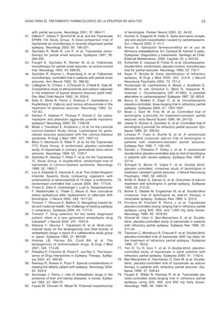 GUIAS PARA EL TRATAMIENTO FARMACOLOGICO DE LA EPILEPSIA EN ADULTOS                                                               23


    with partial sei-zures. Neurology 2001; 57: 864-71.                of lamotrigine. Pediatr Neurol 2000; 22: 49-52.
41. Gilliam F, Veloso F, Bomhof M, et al, and the Topiramate       61. Kochen S, Giagante B, Oddo S. Spike-and-wave comple-
    EPMN 104 Study Group. A dose-comparison trial of                   xes and seizure exacerbation caused by carbamazepine.
    topiramate as monotherapy in recently diagnosed partial            Eur J Neurol 2002; 9: 41-7.
    epilepsy. Neurology 2003; 60: 196-201.                         62. Arroyo S. Aplicación farmacocinética en el uso de
42. Sachdeo R, Reife R, Lim P, et al. Topiramate mono-                 fármacos antiepilépticos. En: Campos M, Kanner A (eds).
    therapy for partial onset seizures. Epilepsia 1997; 38:            Epilepsias: Diagnóstico y tratamiento. Santiago de Chile:
    294-300.                                                           Editorial Mediterráneo, 2004, Capítulo 30: p 443-53.
43. Faught E, Sachdeo R, Remler M, et al. Felbamate                63. Schachter S, Vazquez B, Fisher R, et al. Oxcarbazepine:
    monotherapy for partial onset seizures: an active-control          double-blind, randomized, placebo-control, monotherapy
    trial. Neurology 1993; 43: 688-92.                                 trial for partial seizures. Neurology 1999; 52: 732-7.
44. Sachdeo R, Kramer L, Rosenberg A, et al. Felbamate             64. Kwan P, Brodie M. Early identification of refractory
    monotherapy: controlled trial in patients with partial onset       epilepsy. N Engl J Med 2000; 342: 314-9. J Neurol
    seizures. Ann Neurol 1992; 32: 386-92.                             Neurosurg Psychiatry 2002; 73: 751-2.
45. Callaghan N, O’Hare J, O’Driscoll D, O’Neill B, Daly M.        65. Houtkooper M, Lammertsma A, Meyer J, Goedhart D,
    Comparative study of ethosuximide and sodium valproate             Meinardi H, van Oorschot C, Blom G, Hoppener R,
    in the treatment of typical absence seizures (petit mal).          Hulsman J. Oxcarbazepine (GP 47.680): a possible
    Dev Med Child Neurol 1982; 24: 830-6.                              alternative to carbamazepine? Epilepsia 1987; 28: 693-8.
46. Sato S, White B, Penry J, Dreifuss F, Sackellares J,           66. Barcs G, Walker E, Elger C, et al. Oxcarbazepine
    Kupferberg H. Valproic acid versus ethosuximide in the             placebo-controlled, dose-ranging trial in refractory partial
    treatment of absence seizures. Neurology 1982; 32:                 epilepsy. Epilepsia 2000; 41: 1597-1607.
    157-63.                                                        67. Boas J, Dam M, Friis M, et al. Controlled trial of
47. Genton P, Gelisse P, Thomas P, Dravet C. Do carba-                 lamotrigine (Lamictal) for treatment-resistant partial
    mazepine and phenytoin aggravate juvenile myoclonic                seizures. Acta Neurol Scand 1996; 94: 247-52.
    epilepsy? Neurology 2000; 55: 1106-09.                         68. Jawad S, Richen A, Goodwin G, et al. Controlled trial of
48. Motte J, Trevathan E, Arvidsson J, et al, for the Lamictal         lamotrigine (Lamictal) for refractory partial seizures. Epi-
    Lennox-Gastaut Study Group. Lamotrigine for gene-                  lepsia 1989; 30: 356-63.
    ralized seizures associated with the Lennox-Gastaut            69. Loiseau P, Yuen A, Duche B, et al. A randomized
    syndrome. N Engl J Med 1997; 337: 1807-12.                         double-blind crossover add-on trial of lamotrigine in
49. Biton V, Montouris G, Ritter F, et al, for the Topiramate          patients with treatment-resistant partial seizures.
    YTC Study Group. A randomized, placebo controlled                  Epilepsy Res 1990; 7: 136-145.
    study of topiramate in primary generalized tonic-clonic        70. Sander J, Patsalos P, Oxley J, et al. A randomized
    seizures. Neurology 1999; 52: 1330-7.                              double-blind placebo-controlled add-on trial of lamotrigine
50. Sachdeo R, Glauser T, Ritter F, et al, for the Topiramate          in patients with severe epilepsy. Epilepsy Res 1990; 6:
    YL Study Group. A double-blind, randomized trial of                221-6.
    topiramate in Lennox-Gastaut syndrome. Neurology               71. Schapel G, Beran R, Vajda F, et al. Double blind,
    1999; 52: 1882-7.                                                  placebo controlled, crossover study of lamotrigine in
51. Lux A, Edwards S, Hancock E, et al. The United Kingdom             treatment resistant partial seizures. J Neurol Neurosurg
    Infantile Spasms Study comparing vigabatrin with                   Psychiatry. 1993; 56: 448-53.
    prednisolone or tetracosactide at 14 days: a multicentre,      72. Smith D, Baker G, Davies G, et al. Outcomes of add-on
    randomised controlled trial. Lancet 2004; 364: 1773-8.             treatment with lamotrigine in partial epilepsy. Epilepsia
52. Trinka E, Dilitz E, Unterberger I, Luef G, Deisenhammer            1993; 34: 312-22.
    F, Niedermuller U, Thaler C, Bauer G. Non convulsive           73. Binnie C, Debets M, Engelsman M, et al. Double-blind
    status epilepticus after replacement of valproate with             crossover trial of lamotrigine as add-on therapy in
    lamotrigine. J Neurol 2002; 249: 1417-22.                          intractable epilepsy. Epilepsy Res 1989; 4: 222-9.
53. Tomson T, Perucca E, Battino D. Navigating toward fe-          74. Privitera M, Fincham R, Penry J, et al. Topiramate
    tal and maternal health: the challenge of treating epilepsy        placebo-controlled dosing ranging trial in refractory partial
    in pregnancy. Epilepsia 2004; 45: 1171-5.                          epilepsy using 600, 800, and 1,000 mg daily doses.
54. Tomson T. Drug selection for the newly diagnosed                   Neurology 1996; 46: 1678-83.
    patient: when is a new generation antiepileptic drug           75. Sharief M, Viteri C, Ben-Menachem E, et al. Double-
    indicated? J Neurol 2004; 251: 1043-9.                             blind, placebo-controlled study of topiramate in patients
55. Nakane Y, Okuma T, Takahashi R, et al. Multi-insti-                with refractory partial epilepsy. Epilepsy Res 1996; 25:
    tutional study on the teratogenicity and fetal toxicity of         217-24.
    antiepileptic drugs: a report of a collaborative study group   76. Tassinari C, Michelucci R, Chauvel P, et al. Double-blind,
    in Japan. Epilepsia 1980; 21: 663-80.                              placebo-controlled trial of topiramate (600 mg daily) for
56. Holmes LB, Harvey EA, Coull BA, et al. The                         the treatment of refractory partial epilepsy. Epilepsia
    teratogenicity of anticonvulsant drugs. N Engl J Med               1996; 37: 763-8.
    2001; 344: 113-28.                                             77. Yen D, Yu H, Guo Y, et al. A double-blind, placebo-
57. Patsalos P, Fröscher W, Pisani F, van Rijn C. The Impor-           controlled study of topiramate in adult patients with
    tance of Drug Interactions in Epilepsy Therapy. Epilep-            refractory partial epilepsy. Epilepsia 2000; 41: 1162-6.
    sia 2002; 43: 365-85.                                          78. Ben-Menachem E, Henricksen O, Dam M, et al. Double-
58. Ramsay R, Rowan A, Pryor F. Special considerations in              blind, placebo-controlled trial of topiramate as add-on
    treating the elderly patient with epilepsy. Neurology 2004;        therapy in patients with refractory partial seizures. Epi-
    62: S24-9.                                                         lepsia 1996; 37: 539-43.
59. Asconape J, Penry J. Use of antiepileptic drugs in the         79. Faught E, Wilder B, Ramsay R, et al. Topiramate pla-
    presence of liver and kidney diseases: a review. Epilep-           cebo-controlled dose-ranging trial in refractory partial
    sia 1982; 23: S65-79.                                              epilepsy using 200, 400, and 600 mg daily doses.
60. Fayad M, Choueiri R, Mikati M. Potential hepatotoxicity            Neurology 1996; 46: 1684-16.
 