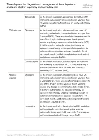 The epilepsies: the diagnosis and management of the epilepsies in                                  NICE clinical
adults and children in primary and secondary care                                                 guideline 137




                          Zonisamide             At the time of publication, zonisamide did not have UK
                                                 marketing authorisation for use in children younger than
                                                 18 years owing to insufficient data on safety and efficacy
                                                 (SPC).

  GTC seizures            Clobazam               At the time of publication, clobazam did not have UK
                                                 marketing authorisation for use in children younger than
                                                 3 years (BNFC). There was insufficient experience of the
                                                 use of this drug in children younger than 6 years to
                                                 enable any dosage recommendation to be made (SPC).
                                                 It did have authorisation for adjunctive therapy for
                                                 epilepsy, monotherapy under specialist supervision for
                                                 catamenial (menstruation) seizures (usually for 7–10
                                                 days each month, just before and during menstruation),
                                                 and cluster seizures (BNFC).

                          Oxcarbazepine          At the time of publication, oxcarbazepine did not have
                                                 UK marketing authorisation for GTC seizures (BNF). It
                                                 had authorisation for focal seizures with or without
                                                 secondary GTC seizures (BNF).

  Absence                 Clobazam               At the time of publication, clobazam did not have UK
  seizures                                       marketing authorisation for use in children younger than
                                                 3 years (BNFC). There was insufficient experience of the
                                                 use of this drug in children younger than 6 years to
                                                 enable any dosage recommendation to be made (SPC).
                                                 It did have authorisation for adjunctive therapy for
                                                 epilepsy, monotherapy under specialist supervision for
                                                 catamenial (menstruation) seizures (usually for 7–10
                                                 days each month, just before and during menstruation),
                                                 and cluster seizures (BNFC).

                          Lamotrigine            At the time of publication, lamotrigine had UK marketing
                                                 authorisation for monotherapy of typical absence
                                                 seizures for those aged 2–12 years only. There was not
                                                 authorisation outside of this age range (BNF).




Copyright © NICE 2012. All rights reserved. Last modified January 2012                           Page 87 of 117
 