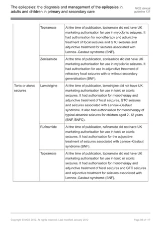 The epilepsies: the diagnosis and management of the epilepsies in                                 NICE clinical
adults and children in primary and secondary care                                                guideline 137




                          Topiramate             At the time of publication, topiramate did not have UK
                                                 marketing authorisation for use in myoclonic seizures. It
                                                 had authorisation for monotherapy and adjunctive
                                                 treatment of focal seizures and GTC seizures and
                                                 adjunctive treatment for seizures associated with
                                                 Lennox–Gastaut syndrome (BNF).

                          Zonisamide             At the time of publication, zonisamide did not have UK
                                                 marketing authorisation for use in myoclonic seizures. It
                                                 had authorisation for use in adjunctive treatment of
                                                 refractory focal seizures with or without secondary
                                                 generalisation (BNF).

  Tonic or atonic         Lamotrigine            At the time of publication, lamotrigine did not have UK
  seizures                                       marketing authorisation for use in tonic or atonic
                                                 seizures. It had authorisation for monotherapy and
                                                 adjunctive treatment of focal seizures, GTC seizures
                                                 and seizures associated with Lennox–Gastaut
                                                 syndrome. It also had authorisation for monotherapy of
                                                 typical absence seizures for children aged 2–12 years
                                                 (BNF, BNFC).

                          Rufinamide             At the time of publication, rufinamide did not have UK
                                                 marketing authorisation for use in tonic or atonic
                                                 seizures. It had authorisation for the adjunctive
                                                 treatment of seizures associated with Lennox–Gastaut
                                                 syndrome (BNF).

                          Topiramate             At the time of publication, topiramate did not have UK
                                                 marketing authorisation for use in tonic or atonic
                                                 seizures. It had authorisation for monotherapy and
                                                 adjunctive treatment of focal seizures and GTC seizures
                                                 and adjunctive treatment for seizures associated with
                                                 Lennox–Gastaut syndrome (BNF).




Copyright © NICE 2012. All rights reserved. Last modified January 2012                           Page 89 of 117
 