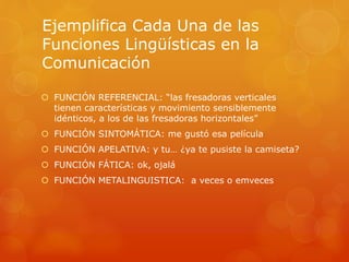 Ejemplifica Cada Una de las 
Funciones Lingüísticas en la 
Comunicación 
 FUNCIÓN REFERENCIAL: “las fresadoras verticales 
tienen características y movimiento sensiblemente 
idénticos, a los de las fresadoras horizontales” 
 FUNCIÓN SINTOMÁTICA: me gustó esa película 
 FUNCIÓN APELATIVA: y tu… ¿ya te pusiste la camiseta? 
 FUNCIÓN FÁTICA: ok, ojalá 
 FUNCIÓN METALINGUISTICA: a veces o emveces 
 