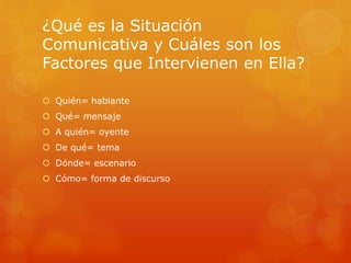 ¿Qué es la Situación 
Comunicativa y Cuáles son los 
Factores que Intervienen en Ella? 
 Quién= hablante 
 Qué= mensaje 
 A quién= oyente 
 De qué= tema 
 Dónde= escenario 
 Cómo= forma de discurso 
 