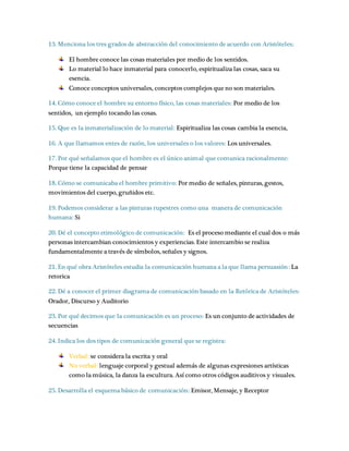 13. Menciona los tres grados de abstracción del conocimiento de acuerdo con Aristóteles: 
El hombre conoce las cosas materiales por medio de los sentidos. 
Lo material lo hace inmaterial para conocerlo, espiritualiza las cosas, saca su 
esencia. 
Conoce conceptos universales, conceptos complejos que no son materiales. 
14. Cómo conoce el hombre su entorno físico, las cosas materiales: Por medio de los 
sentidos, un ejemplo tocando las cosas. 
15. Que es la inmaterialización de lo material: Espiritualiza las cosas cambia la esencia, 
16. A que llamamos entes de razón, los universales o los valores: Los universales. 
17. Por qué señalamos que el hombre es el único animal que comunica racionalmente: 
Porque tiene la capacidad de pensar 
18. Cómo se comunicaba el hombre primitivo: Por medio de señales, pinturas, gestos, 
movimientos del cuerpo, gruñidos etc. 
19. Podemos considerar a las pinturas rupestres como una manera de comunicación 
humana: Si 
20. Dé el concepto etimológico de comunicación: Es el proceso mediante el cual dos o más 
personas intercambian conocimientos y experiencias. Este intercambio se realiza 
fundamentalmente a través de símbolos, señales y signos. 
21. En qué obra Aristóteles estudia la comunicación humana a la que llama persuasión: La 
retorica 
22. Dé a conocer el primer diagrama de comunicación basado en la Retórica de Aristóteles: 
Orador, Discurso y Auditorio 
23. Por qué decimos que la comunicación es un proceso: Es un conjunto de actividades de 
secuencias 
24. Indica los dos tipos de comunicación general que se registra: 
Verbal: se considera la escrita y oral 
No verbal: lenguaje corporal y gestual además de algunas expresiones artísticas 
como la música, la danza la escultura. Así como otros códigos auditivos y visuales. 
25. Desarrolla el esquema básico de comunicación: Emisor, Mensaje, y Receptor 
 