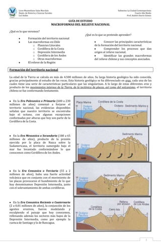 Liceo Maximiliano Salas Marchán Subsector La Ciudad Contemporánea
Depto. de Historia y Ciencias Sociales Cuarto Año Medio
Los Andes Prof. Andrés Osorio Gómez
1
GUÍA DE ESTUDIO
MACROFORMAS DEL RELIEVE NACIONAL
¿Qué es lo que veremos?
Formación del territorio nacional
Las macroformas en Chile
o Planicies Litorales
o Cordillera de la Costa
o Depresión Intermedia
o Cordillera de los Andes
o Otras macroformas
El relieve de la Región
¿Qué es lo que se pretende aprender?
Conocer las principales características
de la formación del territorio nacional.
Comprender los procesos que dan
origen al relieve nacional.
Identificar las grandes macroformas
del relieve chileno y sus conceptos asociados.
Formación del territorio nacional
La edad de la Tierra se calcula en más de 4.500 millones de años. Su larga historia geológica ha sido conocida,
gracias principalmente al estudio de las rocas. Esta historia geológica se ha diferenciado en eras, cada una de las
cuales tiene una serie de características particulares que las singularizan. A lo largo de estas diferentes eras y
producto de los movimientos internos de la Tierra, de la tectónica de placas, así como del volcanismo, el territorio
chileno se fue conformando lentamente.
En la Era Paleozoica o Primaria (600 a 230
millones de años) comenzó a forjarse el
territorio nacional, las evidencias disponibles
señalan que nuestro territorio se encontraba
bajo el océano, con algunas excepciones
conformadas por alturas que hoy son parte de la
Cordillera de la Costa.
En la Era Mesozoica o Secundaria (180 a 65
millones de años), producto de la presión
ejercida por la placa de Nazca sobre la
Sudamericana, el territorio sumergido bajo el
mar fue levantado conformándose lo que
conocemos como Cordillera de los Andes.
En la Era Cenozoica o Terciaria (55 a 2
millones de años), hubo una fuerte actividad
volcánica que en conjunto con el movimiento de
las placas provocaron el hundimiento de lo que
hoy denominamos Depresión Intermedia, junto
con el solevantamiento de ambas cordilleras.
En la Era Cenozoica Reciente o Cuaternario
(2 a 0,01 millones de años), la conjunción de los
agentes erosivos, fueron modelando y
esculpiendo el paisaje que hoy conocemos,
rellenando además los sectores más bajos de la
Depresión Intermedia, como por ejemplo la
cuenca de Santiago y la de Rancagua.
 