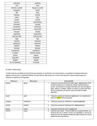querramos                           queramos
                    vertir                             verter
            Indentar un párrafo                  Sangrar un párrafo
                extinguidor                           extintor
                    data                               datos
                 financear                           financiar
                    fuistes                             fuiste
                   sinositis                           sinusitis
                  discrimen                        discriminación
                 concretizar                          concretar
                concientizar                         concienciar
               consumerismo                         consumismo
                 cónyugue                              cónyuge
                inaguración                         inauguración
              antes que nada                       antes que todo
                    haiga                                haya
                  interperie                          intemperie
               aereopuerto                           aeropuerto
                   cállensen                           cállense
                   bambúas                            bambúes
             inrrespetuoso                       irrespetuoso
               En adición                     Además, también, …
                 traímos                            trajimos
               emperdible                          imperdible
              gabetes                               cabetes
         En vivo (televisión)                      En directo



III. Calcos o falsos amigos

“Un falso amigo es una palabra de otros idiomas que se parece, en la escritura o en la pronunciación, a una palabra en la lengua materna del
hablante, pero que tiene un significado diferente. El propio término “falso amigo” fue un calco (mala traducción). Algunos falsos amigos que
utilizamos en español son los siguientes:

            Correcto                         Incorrecto                                             EXPLICACIÓN
solicitar                         aplicar                               1.   Traducción incorrecta del término inglés "apply": aplicar/solicitar RAE:
                                                                             No debe emplearse con el sentido de „solicitar, especialmente por
                                                                             escrito‟, uso frecuente en el español americano por calco del inglés to
                                                                             apply: *aplicar a un trabajo, *aplicar a una beca. Lo mismo cabe decir
                                                                             del uso de aplicación por solicitud, calco censurable del inglés
                                                                             application.

ayudar                            asistir                               2.   Traducción correcta de "assist (to)" asistir/ayudar “La empleada de la
                                                                             tienda me asistió mientras compraba”.

congreso                          conferencia                           3.   Traducción correcta de "conference": congreso/conferencia

recalcar                          enfatizar                             4.   Traducción correcta de "emphasize (to)": enfatizar/recalcar

suceso                            evento                                5.   Traducción correcta de "event": evento/suces
informal                          casual                                6.   Llevamos ropa “casual”. Al oírnos hablar así, se puede entender que
                                                                             llevamos ropa “por un casual”, es decir, por casualidad. Lo que hoy se
                                                                             quiere decir con esa expresión calcada del inglés (casual) es lo que en
                                                                             español se llama ropa informal.
 
