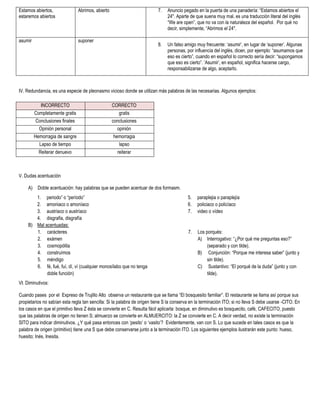 Estamos abiertos,                Abrimos, abierto                         7.   Anuncio pegado en la puerta de una panadería: “Estamos abiertos el
estaremos abiertos                                                             24″. Aparte de que suena muy mal, es una traducción literal del inglés
                                                                               “We are open”, que no va con la naturaleza del español. Por qué no
                                                                               decir, simplemente, “Abrimos el 24″.

asumir                           suponer
                                                                          8.   Un falso amigo muy frecuente: „asumir‟, en lugar de „suponer‟. Algunas
                                                                               personas, por influencia del inglés, dicen, por ejemplo: “asumamos que
                                                                               eso es cierto”, cuando en español lo correcto sería decir: “supongamos
                                                                               que eso es cierto”. „Asumir‟, en español, significa hacerse cargo,
                                                                               responsabilizarse de algo, aceptarlo.



IV. Redundancia, es una especie de pleonasmo vicioso donde se utilizan más palabras de las necesarias. Algunos ejemplos:

            INCORRECTO                              CORRECTO
         Completamente gratis                           gratis
          Conclusiones finales                      conclusiones
           Opinión personal                            opinión
         Hemorragia de sangre                        hemorragia
           Lapso de tiempo                              lapso
           Reiterar denuevo                           reiterar



V. Dudas acentuación

     A) Doble acentuación: hay palabras que se pueden acentuar de dos formasm.
        1. periodo” o “período”                                                           5.   paraplejia o paraplejía
        2. amoniaco o amoníaco                                                            6.   policiaco o policíaco
        3. austriaco o austríaco                                                          7.   video o vídeo
        4. disgrafia, disgrafía
     B) Mal acentuadas:
        1. carácteres                                                                     7.   Los porqués:
        2. exámen                                                                              A) Interrogativo: “¿Por qué me preguntas eso?”
        3. cosmopólita                                                                              (separado y con tilde).
        4. construímos                                                                         B) Conjunción: “Porque me interesa saber” (junto y
        5. méndigo                                                                                  sin tilde).
        6. fé, fué, fuí, dí, ví (cualquier monosílabo que no tenga                             C) Sustantivo: “El porqué de la duda” (junto y con
             doble función)                                                                         tilde).
VI. Diminutivos:

Cuando pases por el Expreso de Trujillo Alto observa un restaurante que se llama “El bosquesito familiar”. El restaurante se llama así porque sus
propietarios no sabían esta regla tan sencilla: Si la palabra de origen tiene S la conserva en la terminación ITO; si no lleva S debe usarse -CITO. En
los casos en que el primitivo lleva Z ésta se convierte en C. Resulta fácil aplicarla: bosque, en diminutivo es bosquecito, café, CAFECITO, puesto
que las palabras de origen no tienen S; almuerzo se convierte en ALMUERCITO: la Z se convierte en C. A decir verdad, no existe la terminación
SITO para indicar diminutivos. ¿Y qué pasa entonces con „pesito‟ o „vasito‟? Evidentemente, van con S. Lo que sucede en tales casos es que la
palabra de origen (primitivo) tiene una S que debe conservarse junto a la terminación ITO. Los siguientes ejemplos ilustrarán este punto: hueso,
huesito; Inés, Inesita.
 