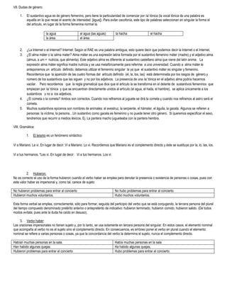 VII. Dudas de género:

     1.   El sustantivo agua es de género femenino, pero tiene la particularidad de comenzar por /a/ tónica (la vocal tónica de una palabra es
          aquella en la que recae el acento de intensidad: [água]). Para evitar cacofonía, este tipo de palabras seleccionan en singular la forma el
          del artículo, en lugar de la forma femenina normal la.

                        la agua                   el agua (las aguas)        la hacha                  el hacha
                        la área                   el área


     2.   ¿La Internet o el Internet? Internet: Según el RAE es una palabra ambigua, esto quiere decir que podemos decir la Internet o el Internet.
     3.   ¿El alma máter o la alma mater? Alma máter es una expresión latina formada por el sustantivo femenino máter (madre) y el adjetivo alma
          (almus, a um = nutricia, que alimenta). Este adjetivo alma es diferente al sustantivo castellano alma que viene del latín anima. La
          expresión alma máter significa madre nutricia y se usa metafóricamente para referirse a una universidad. Cuando a alma máter le
          anteponemos un artículo definido, debemos utilizar el femenino singular la ya que el sustantivo máter es singular y femenino.
          Recordemos que la aparición de las cuatro formas del artículo definido (el, la, los, las) está determinada por los rasgos de género y
          número de los sustantivos que las siguen y no por los adjetivos. La presencia de una /a/ tónica en el adjetivo alma podría hacernos
          vacilar. Pero recordemos que la regla gramatical que dice que el artículo la se transforma en el delante de sustantivos femeninos que
          empiezan por /a/ tónica y que se encuentran directamente unidos al artículo (el agua, el hada, el hambre), se aplica únicamente a los
          sustantivos y no a los adjetivos.
     4.   ¿El cometa o la cometa? Ambos son correctos. Cuando nos refiramos al juguete se dirá la cometa y cuando nos refiramos al astro será el
          cometa.
     5.   Muchos sustantivos epicenos son nombres de animales: el avestruz, la serpiente, el hámster, el águila, la gacela. Algunos se refieren a
          personas: la víctima, la persona…Un sustantivo como gacela es femenino y no puede tener otro género. Si queremos especificar el sexo,
          tendremos que recurrir a medios léxicos. Ej. La pantera macho jugueteaba con la pantera hembra.

VIII. Gramática:

          1.   El leísmo es un fenómeno sintáctico

Vi a Mariano. Le vi. En lugar de decir: Vi a Mariano. Lo vi. Recordemos que Mariano es el complemento directo y éste se sustituye por la, lo, las, los.

Vi a tus hermanos. *Les vi. En lugar de decir: Vi a tus hermanos. Los vi.




          2. Hubieron:
No es correcto el uso de la forma hubieron cuando el verbo haber se emplea para denotar la presencia o existencia de personas o cosas, pues con
este valor haber es impersonal y, como tal, carece de sujeto

No hubieron problemas para entrar al concierto                              No hubo problemas para entrar al concierto.
Hubieron muchos voluntarios.                                                Hubo muchos voluntarios.

Esta forma verbal se emplea, correctamente, sólo para formar, seguida del participio del verbo que se está conjugando, la tercera persona del plural
del tiempo compuesto denominado pretérito anterior o antepretérito de indicativo: hubieron terminado, hubieron comido, hubieron salido. (De todos
modos evítala, pues ante la duda ha caído en desuso).

     3. Verbo haber:
Las oraciones impersonales no tienen sujeto y, por lo tanto, se usa solamente en tercera persona del singular. En estos casos, el elemento nominal
que acompaña al verbo no es el sujeto sino el complemento directo. En consecuencia, es erróneo poner el verbo en plural cuando el elemento
nominal se refiere a varias personas o cosas, ya que la concordancia del verbo la determina el sujeto, nunca el complemento directo.

Habían muchas personas en la sala.                                          Había muchas personas en la sala
Han habido algunas quejas                                                   Ha habido algunas quejas,
Hubieron problemas para entrar al concierto                                 Hubo problemas para entrar al concierto.
 