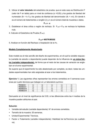 2. Ubicar el valor tabulado del estadístico de prueba, que en este caso es Distribución F
(valor de F en tabla) para un nivel de confianza (α =0,05) y los grados de libertad del
numerador (ϑ1 = k-1) y los grados de libertad del denominador (ϑ2 = n-k). En donde k
es el número de tratamientos o renglón (r) y n es el número total de muestras o datos.
Fα, ϑ1, ϑ2
3. Establecer el área crítica o región de rechazo. Si Fcalc> Ftab se rechaza la hipótesis
nula.
4. Calcular el Estadístico de Prueba (Fcalc).
Fcalc= MSTR/MSSE
5. Analizar en función del Rechazo o Aceptación de la H0.
Modelo Completamente Aleatorizado
Este modelo es el más sencillo del diseño de experimentos, en el cual la variable respues-
ta (variable de estudio o dependiente) puede depender de la influencia de un único fac-
tor (variable independiente), de forma que el resto de las causas de variación se englo-
ban en el error experimental.
Se supone que el experimento ha sido aleatorizado por completo, es decir, todas las uni-
dades experimentales han sido asignadas al azar a los tratamientos.
Ejercicio 1. Las siguientes cifras representan los errores cometidos en 5 semanas suce-
sivas por cuatro técnicos que trabajan en un laboratorio químico:
TÉCNICO I 13 16 12 14 15
TÉCNICO II 14 16 11 19 15
TÉCNICO III 13 18 16 14 18
TÉCNICO IV 18 10 14 15 12
Demuestre en el nivel de significancia de 0.05, si las diferencias entre las 4 medias de la
muestra pueden atribuirse al azar.
Solución
 Variable del estudio (variable dependiente): N° de errores cometidos.
 Tamaño de la muestra: 20 semanas.
 Unidad Experimental: Técnicos.
 Factor o Tratamiento (variable independiente): Habilidad de losTécnicos (es cualitati-
va).
 