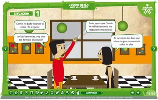 ¡Ah! ¿sí? ¿entonces, muy bien
ese fármaco alucinante?
Sí, me siento tan bien que
ahora me gusta consumirlo
todos los días.
Camilo no pudo esconder su
enojo y le preguntó:
Paula pensó que Camilo
le hablaba en serio y le
respondió emocionada:
1situación
¿dónde están
mis valores?
/5919
SENA, Centro de Gestión de Mercados, Logística y Tecnologías de la Información y la Comunicación.Todos los derechos reservados
actividad
 