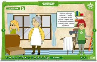 Amparito le entregó
el vestido a Carolina
y finalmente decidió
recibirlo y pagarle; pero
sin duda nunca más volvió
a mandarle hacer trabajos
a Amparito.
5situación
¿dónde están
mis valores?
/5947
SENA, Centro de Gestión de Mercados, Logística y Tecnologías de la Información y la Comunicación.Todos los derechos reservados
actividad
 