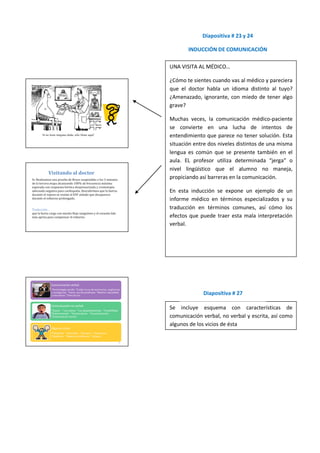 Diapositiva # 23 y 24

       INDUCCIÓN DE COMUNICACIÓN

UNA VISITA AL MÉDICO…

¿Cómo te sientes cuando vas al médico y pareciera
que el doctor habla un idioma distinto al tuyo?
¿Amenazado, ignorante, con miedo de tener algo
grave?

Muchas veces, la comunicación médico-paciente
se convierte en una lucha de intentos de
entendimiento que parece no tener solución. Esta
situación entre dos niveles distintos de una misma
lengua es común que se presente también en el
aula. EL profesor utiliza determinada “jerga” o
nivel lingüístico que el alumno no maneja,
propiciando así barreras en la comunicación.

En esta inducción se expone un ejemplo de un
informe médico en términos especializados y su
traducción en términos comunes, así cómo los
efectos que puede traer esta mala interpretación
verbal.




             Diapositiva # 27

Se incluye esquema con características de
comunicación verbal, no verbal y escrita, así como
algunos de los vicios de ésta
 