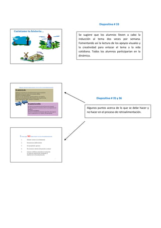 Diapositiva # 33


Se sugiere que los alumnos lleven a cabo la
inducción al tema dos veces por semana.
Fomentando así la lectura de los apoyos visuales y
la creatividad para enlazar el tema a la vida
cotidiana. Todos los alumnos participarían en la
dinámica.




              Diapositiva # 35 y 36


      Algunos puntos acerca de lo que se debe hacer y
      no hacer en el proceso de retroalimentación.
 