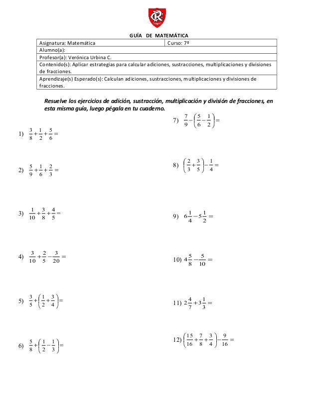 Guía De Fracciones Suma Resta Multiplicacion Y Division De Fracciones