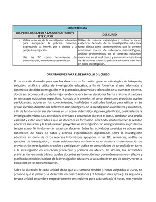 COMPETENCIAS
DEL PERFIL DE EGRESO A LAS QUE CONTRIBUYE
ESTE CURSO
DEL CURSO
1. Utiliza recursos de la investigación educativa
para enriquecer la práctica docente,
expresando su interés por la ciencia y la
propia investigación.
2. Usa las TIC como herramientas de
comunicación, enseñanza y aprendizaje.
Utiliza de manera estratégica y crítica la mejor
evidencia derivada de la investigación educativa
tanto clásica como contemporánea que le permite
conformar marcos de referencia metodológicos,
analizar problemáticas en el contexto educativo
mexicano en el nivel básico y sustentar tanto la toma
de decisiones como su práctica educativa con base
en dicha investigación.
ORIENTACIONES PARA EL DESARROLLO DEL CURSO
El curso está diseñado para que los docentes en formación generen estrategias de búsqueda,
selección, análisis y crítica de investigación educativa, a fin de fomentar el uso informado y
sistemático de dicha investigación en la planeación, desarrollo y valoración de su quehacer docente,
donde se reconozca el uso de la mejor evidencia para tomar decisiones frente a retos o situaciones
en contextos educativos específicos. Aunado a lo anterior, el curso tiene como propósito que los
participantes, adquieran los conocimientos, habilidades y actitudes básicas para utilizar en su
propio ejercicio docente, los referentes metodológicos de la investigación cuantitativa y cualitativa,
a fin de fundamentar sus decisiones en un actuar sistemático, riguroso, planificado, cualidades de la
investigación misma. Las actividades previstas a desarrollar durante el curso, combinan una amplia
variedad y están orientadas a que los docentes en formación, ante todo, problematicen la realidad
educativa mexicana y la traduzcan en proyectos de investigación con un rigor mínimo, cuyos frutos
tengan como fin fundamentar su actuar docente. Entre las actividades previstas se ubican: uso
sistemático de bases de datos y acervos especializados digitalizados sobre la investigación
educativa así como de otros recursos informáticos apoyados en las TIC; seminarios; análisis de
ejemplos de investigación; trabajo colaborativo y autónomo en el diseño e instrumentación de
proyectos de investigación; creación y participación activa en comunidades de aprendizaje en torno
a la investigación en educación preescolar y primaria en México. En síntesis, las actividades
previstas tienen un eje básico: que los docentes en formación incorporen de una manera reflexiva y
planificada principios básicos de la investigación educativa a su quehacer en pro de coadyuvar en la
educación de los niños mexicanos.
Sobre la duración de cada unidad, dado que a la semana tendrán 3 horas asignadas al curso, se
propone que el primero se desarrolle en cuatro sesiones (12 horas/un mes aprox.). La segunda y
tercera unidad se pondera respectivamente seis sesiones para cada unidad (18 horas/ mes y medio
 