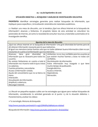 05 – 09 de Septiembre de 2016
SITUACIÓN DIDÁCTICA 2. BÚSQUEDA Y ANÁLISIS DE INVESTIGACIÓN EDUCATIVA
PROPÓSITO: Identificar estrategias generales para realizar búsquedas de información, que
impliquen pasos específicos y la localización sistemática de materiales académicos.
2.1 Realizar una mesa de discusión, con la temática ¿Qué nos ofrece Internet en la búsqueda de
información?: alcances y limitantes. El propósito básico de esta actividad es vislumbrar los
potenciales de Internet, así como la necesidad de consultar recursos y materiales sustentados en la
investigación científica.
Apuntes de la mesa de discusión
¿Qué nos ofrece Internet en la búsqueda de información? Una gran diversidad de fuentes para de
ahí obtener información necesaria para lo que realicemos.
Al igual nos menciona tantas fuentes solo que no todas obtienen buena información o bien no son
necesarias en cuanto a la información que nos menciona.
Alcances: tiene gran diversidad de
información que es necesaria para todos los
usuarios.
No existen limitaciones en cuanto a toda la
información nos muestra todo lo que a veces
no sabemos.
Fuentes primarias y secundarias
Acceso a información variada.
Ayuda del conocimiento que no se tiene a la
mano.
Interacción.
Actualización de información.
Amplitud y cobertura.
Descargar material.
Limitantes: no es muy confiable para los usuarios ya
que existen muchas fuentes y estas no todas son
confiables.
Discriminación de información.
Existe información muy rezagada o que tiene
mucho tiempo de publicación.
Energía eléctrica.
Acceso a internet.
Dependencia.
Distracción.
2.2 Discutir en pequeños equipos cuáles son las estrategias que siguen para realizar búsquedas de
información, considerando la actividad generada en el punto 1.3 de la situación didáctica 1.
Posteriormente, analizar los videos:
• Tu tecnología. Motores de búsqueda:
http://www.youtube.com/watch?v=ogLGDMdR4Jk&feature=related
Búsqueda de información: http://www.youtube.com/watch?v=81slL6IZK4I
 